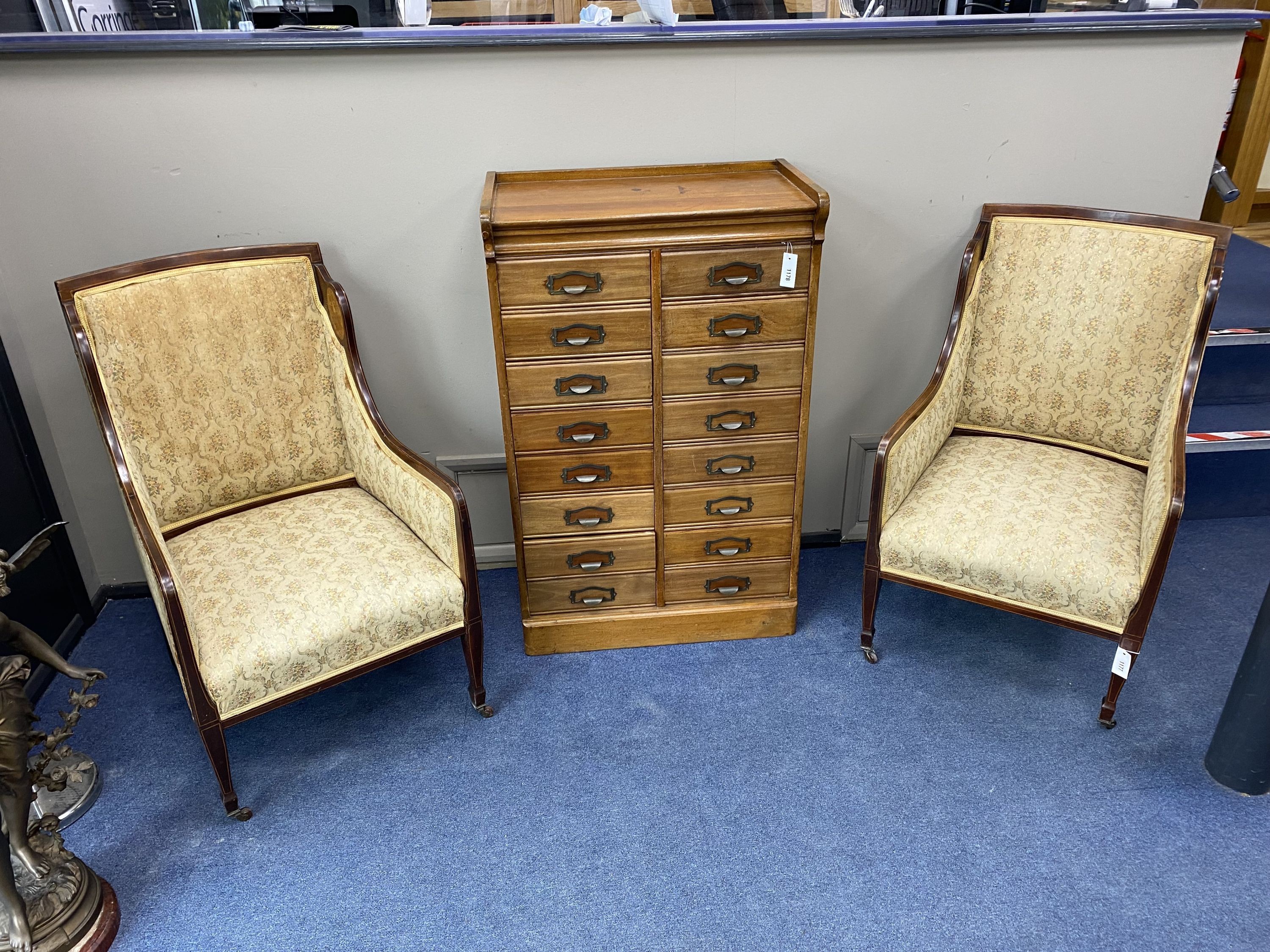A pair of Edwardian armchairs, width 58cm, depth 60cm, height 98cm